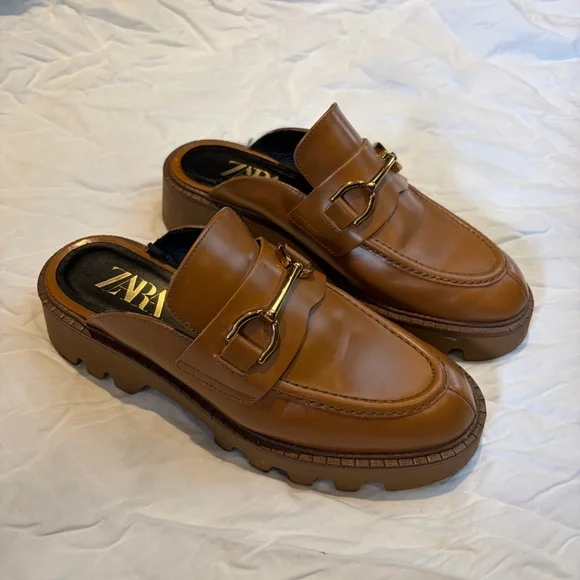 Zara Brown Leather Horsebit Mule Loafers - Picture 6 of 7